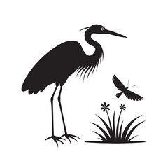 Heron With Dragonfly Near Beak Silhouette