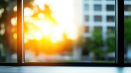 Abstract view of vibrant sunset through window, with soft bokeh effect highlighting warm light and blurred greenery outside, evoking serene and peaceful atmosphere