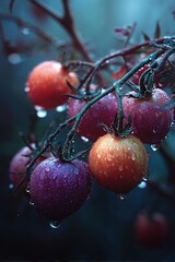 Wet Tomatoes on Vine with Garden Background.