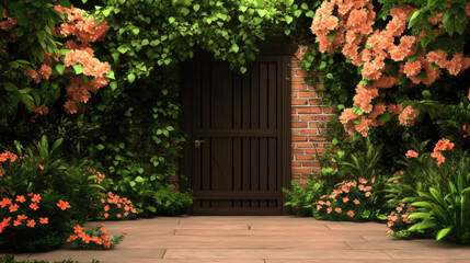 Fototapeta premium Wooden door surrounded by vibrant ivy and blooming flowers in serene outdoor courtyard with brick wall and wooden flooring, creating peaceful and inviting atmosphere