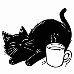Cozy black cat sleeping beside coffee cups