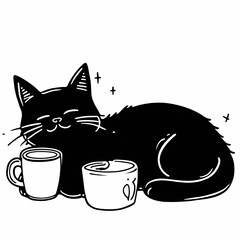 Cozy black cat sleeping beside coffee cups