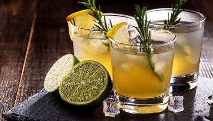 Fototapeta premium cachaca cocktails served chilled with lemon lime and rosemary