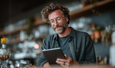 Man uses tablet at coffee shop counter