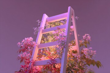 White wooden ladder entwined with flowering vines against purple backdrop