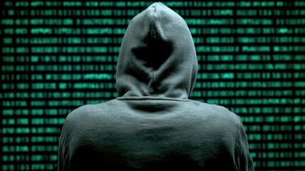 Hacker in Hoodie Facing Digital Code: Cybersecurity and Anonymous Data Breach Concept