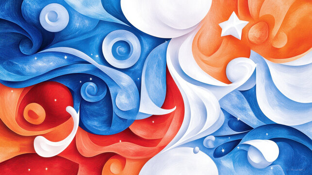 Whimsical abstract painting with swirling patterns in red, white, and blue, featuring stars and soft gradients, evoking dreamy and patriotic atmosphere