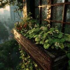 Window box plants with rainy city view.