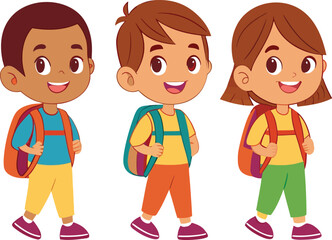 Fototapeta premium Three diverse cartoon children with backpacks walking happily on a white background