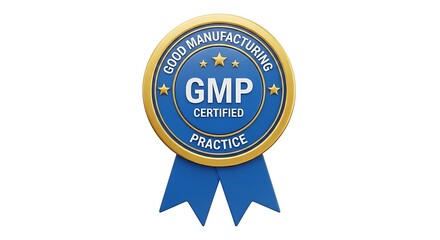 Blue and gold circular G M P certified practice award with ribbon certification
