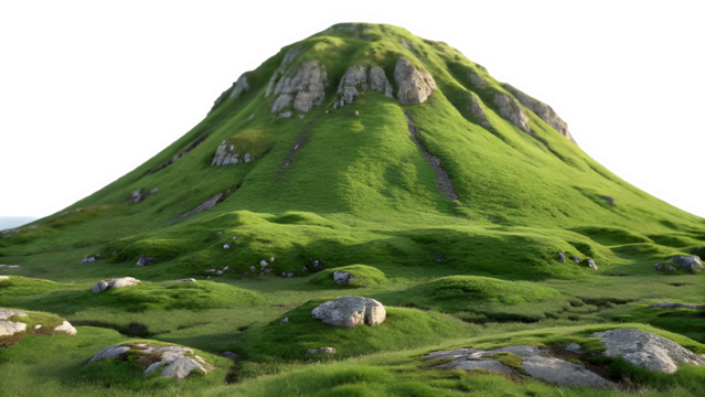 A detailed, natural landscape-style rendering of a large green mountain, lush with moss and grass, emerging from a completely white backdrop. The mountain is smooth and rounded, with patches of gray s