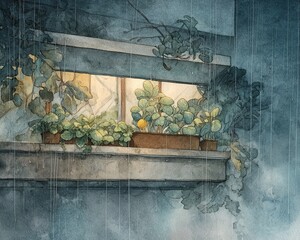 Window plants in rain with watercolor art.