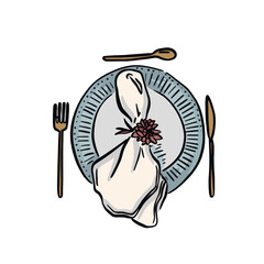 A blue plate with cutlery and napkin on the top. Wedding place setting example or a dinner party.