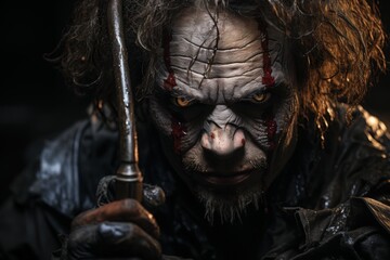 Scary zombie with blood on his face. Halloween. Horror. Evil Clown. Halloween Concept with Copy Space.