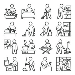 Daily chores collection, home task symbols. routine and cleanup activity icons set