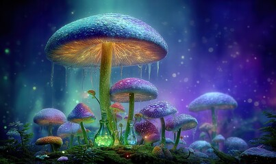 Psychedelic mushroom garden at night