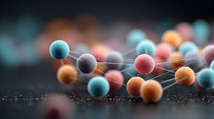 Abstract network of colorful textured spheres connected by thin white lines