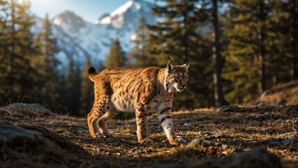 Obraz premium Eurasian lynx walking in a forest with snow-capped mountains behind. A wild cat prowling in its natural habitat.