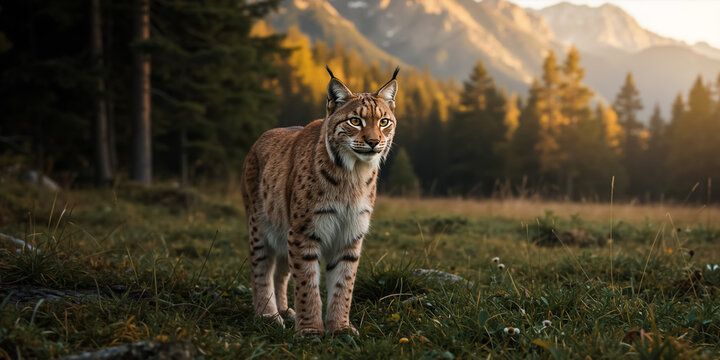 Eurasian lynx in an alpine meadow at sunset. A wild cat standing in a field with mountains in the background.