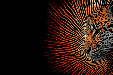 Tête de léopard stylisée avec lignes ondulantes orange sur fond noir, design graphique animalier vibrant, regard puissant, concept de force et de fauve avec espace négatif copyspace