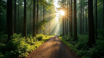 Fototapeta premium Dirt path winding through tall pine trees with sun rays shining through dense green forest, evoking peace and natural beauty