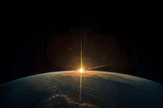 Lever de soleil vu depuis l&rsquo;espace, lumi&egrave;re dor&eacute;e surgissant de l&rsquo;horizon terrestre, atmosph&egrave;re spatiale majestueuse et po&eacute;tique, observation astronomique et beaut&eacute; de la plan&egrave;te Terre
