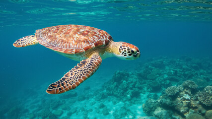 Obraz premium Green sea turtle swimming in clear blue water. An underwater scene of a turtle gliding over a coral reef.