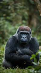 Gorilla sitting with arms crossed. Vertical portrait of a pensive silverback ape in the jungle. World Gorilla Day.