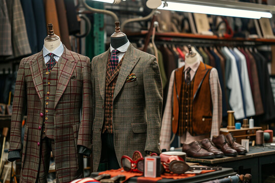 V&ecirc;tements masculins &eacute;l&eacute;gants en tweed expos&eacute;s sur des mannequins dans une boutique de tailleur traditionnel, ambiance vintage et accessoires r&eacute;tro, mode homme chic et artisanat textile sur mesure