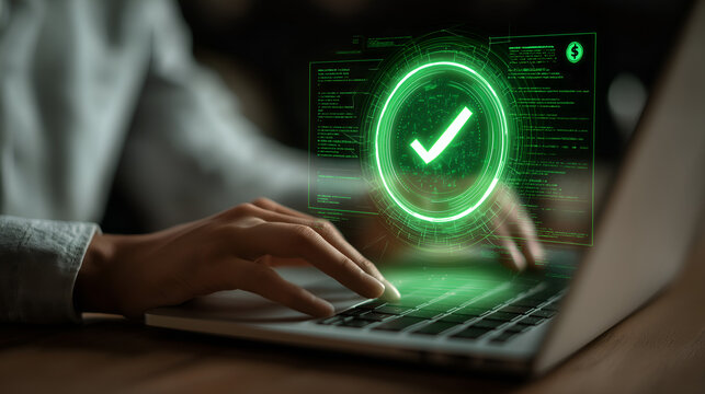 Digital Approval: A person diligently works on a laptop, with a vibrant digital approval indicator overlaid, symbolizing a completed task or successful system validation.