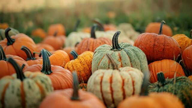 Colorful autumn pumpkin patch with a variety of shapes and patterns. A vibrant seasonal harvest scene with natural textures and warm tones in soft daylight.