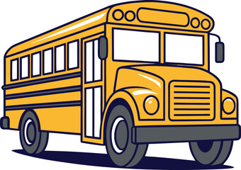 Yellow school bus with dark blue outlines and gray wheels on a white background yellow bus