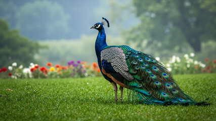 Obraz premium Indian peafowl standing in a green garden. A colorful peacock with a long tail on the grass.