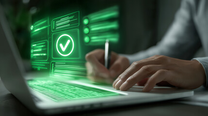 Digital Verification: A close-up shot captures the essence of modern technology, featuring a person's hands engrossed in using a laptop with holographic elements that reflect verification.