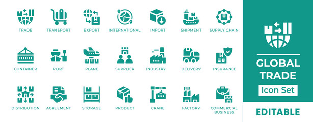 Global Trade Icon Set. Includes icons of import, export, shipping, logistics, currency exchange, and supply chain. Perfect for international business and commerce.