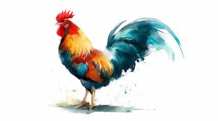 Fototapeta premium Proud Rooster Standing Tall – Whimsical Watercolor Barnyard Scene