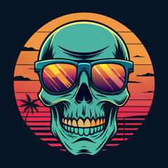 Fototapeta premium Turquoise skull wearing sunglasses at sunset beach