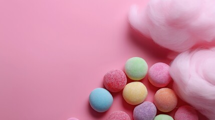Obraz premium Colorful candy balls and fluffy cotton candy on pink background