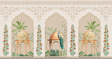  Traditional Mughal garden wallpaper with flower wall design. Mughal Wall Mural Wallpaper for interior design. © Design 35