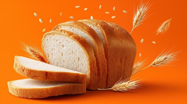 Sliced white bread with wheat ears on vibrant orange background - Powered by Adobe