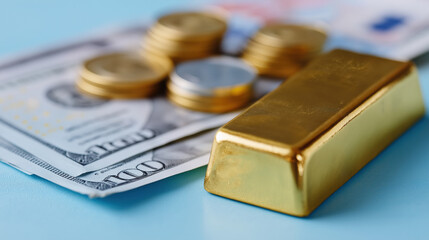 Gold bar with coins and dollar bills on blue surface reflecting wealth and investment