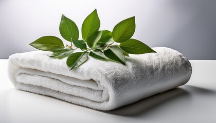 soft white towel with green leaves on top against a white background