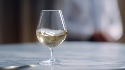 A close-up of a crystal glass filled with shimmering white wine. The elegant glass sits on a marble table. Perfect for elegant occasions or fine dining experiences. AI