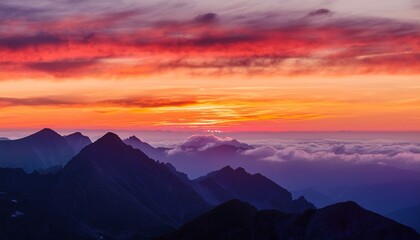 vibrant sunset over layered mountain range pink and orange cloudscape mountains