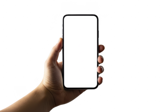 Hand holding a mobile device with a blank white screen for product placement and advertising use on transparent background
