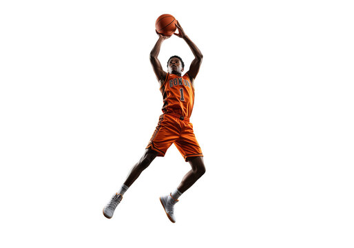 A basketball player in action wearing an orange uniform with a ball isolated on a dark space on transparent background