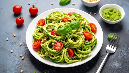 Zucchini Noodles with Pesto and Cherry Tomatoes. Healthy Food Concept