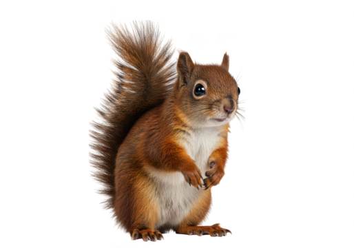 A cute squirrel standing upright with fluffy tail looking to the right side of the frame on transparent background