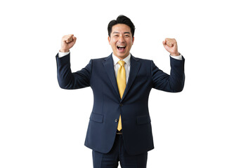 Excited man in business suit with arms raised and mouth open in celebration on a solid color on transparent background