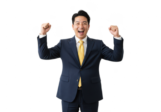 Excited man in business suit with arms raised and mouth open in celebration on a solid color on transparent background